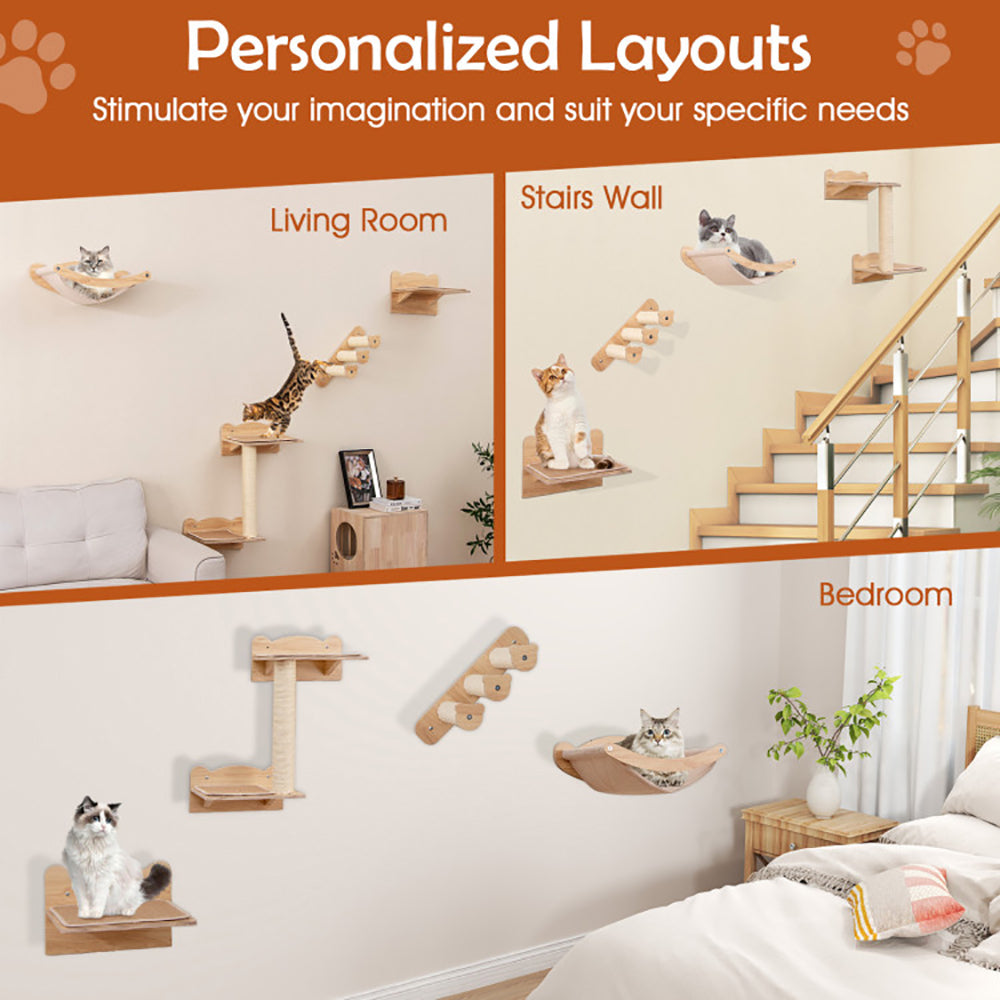 Cat Wall Furniture Set of 4 – Hammock, 2-Step Cat Tree, Stairs & Perch