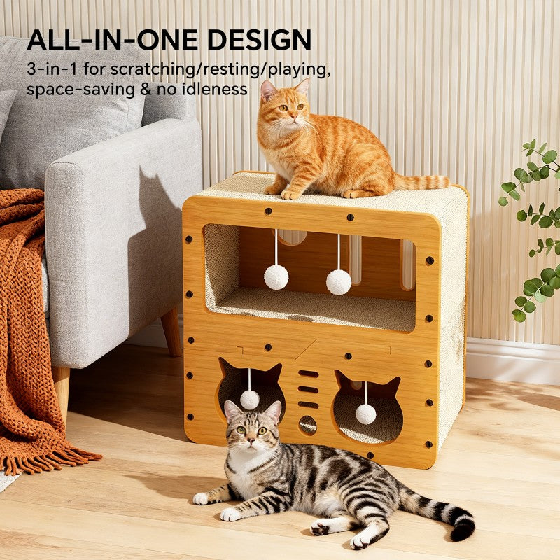 Cat Scratcher Sofa 45cm – Double-Layer Cat Head Design with 4 Teaser Balls & Corrugated Wood