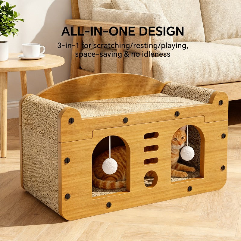 Large Cat Scratcher Sofa 56cm – Double Door Design with 2 Teaser Balls for Multi-Cat Homes