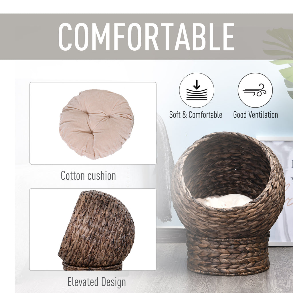 Handwoven Elevated Cat Bed with Rotating Basket and Soft Cushion, Wicker Cat Egg Chair with Stand, Brown