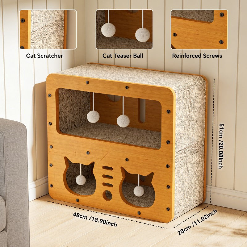 Cat Scratcher Sofa 45cm – Double-Layer Cat Head Design with 4 Teaser Balls & Corrugated Wood