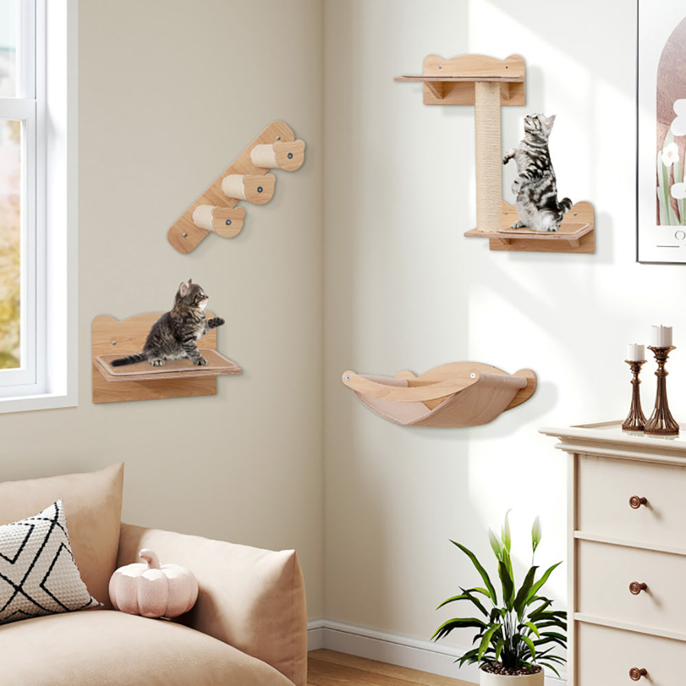 Cat Wall Furniture Set of 4 – Hammock, 2-Step Cat Tree, Stairs & Perch
