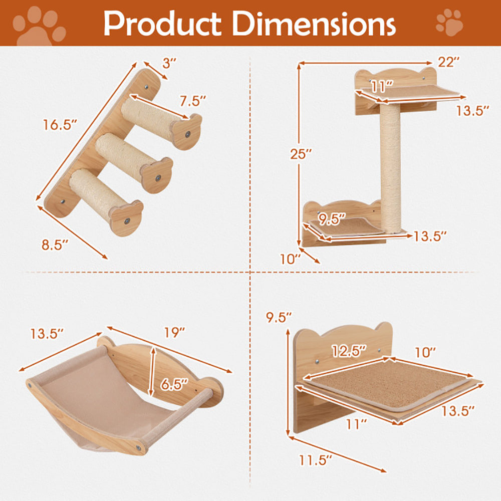 Cat Wall Furniture Set of 4 – Hammock, 2-Step Cat Tree, Stairs & Perch