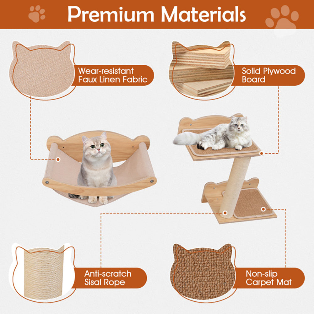 Cat Wall Furniture Set of 4 – Hammock, 2-Step Cat Tree, Stairs & Perch