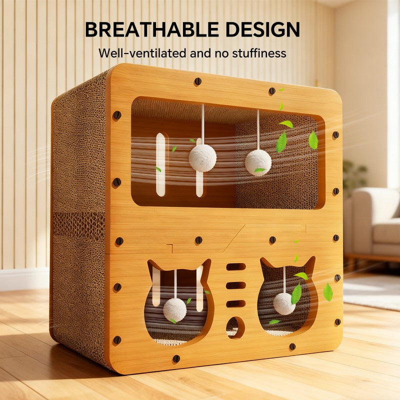 Cat Scratcher Sofa 45cm – Double-Layer Cat Head Design with 4 Teaser Balls & Corrugated Wood