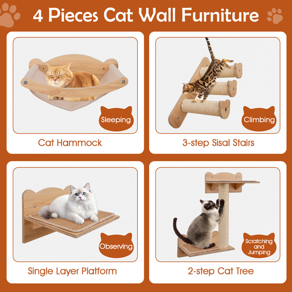 Cat Wall Furniture Set of 4 – Hammock, 2-Step Cat Tree, Stairs & Perch