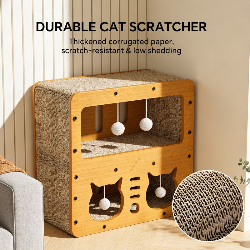 Cat Scratcher Sofa 45cm – Double-Layer Cat Head Design with 4 Teaser Balls & Corrugated Wood