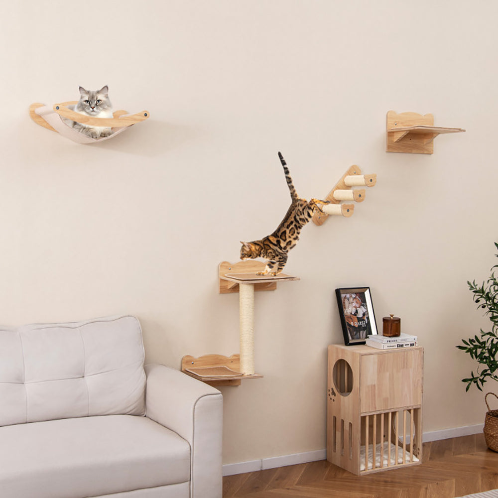 Cat Wall Furniture Set of 4 – Hammock, 2-Step Cat Tree, Stairs & Perch