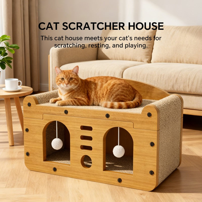 Large Cat Scratcher Sofa 56cm – Double Door Design with 2 Teaser Balls for Multi-Cat Homes