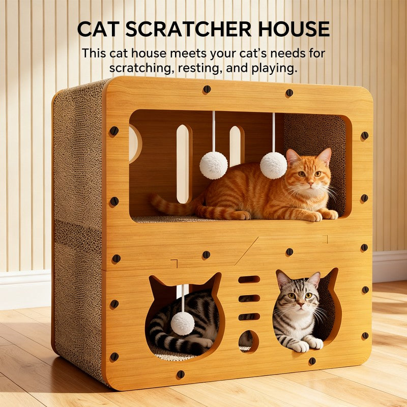 Cat Scratcher Sofa 45cm – Double-Layer Cat Head Design with 4 Teaser Balls & Corrugated Wood