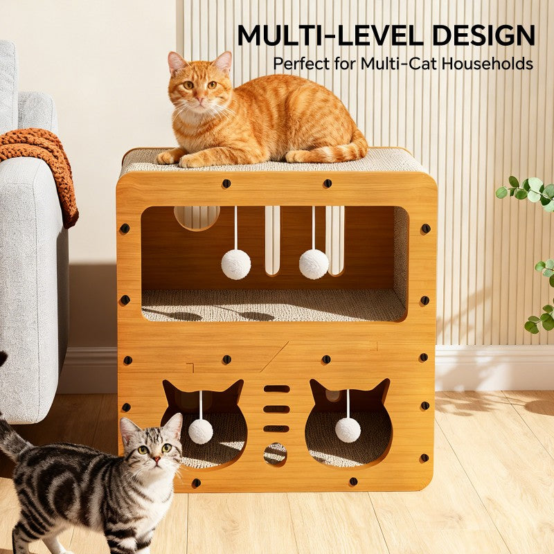 Cat Scratcher Sofa 45cm – Double-Layer Cat Head Design with 4 Teaser Balls & Corrugated Wood