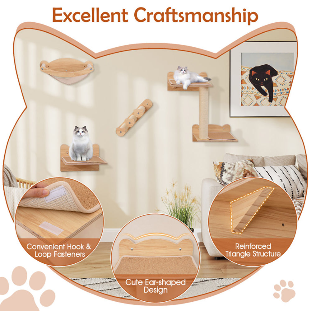Cat Wall Furniture Set of 4 – Hammock, 2-Step Cat Tree, Stairs & Perch