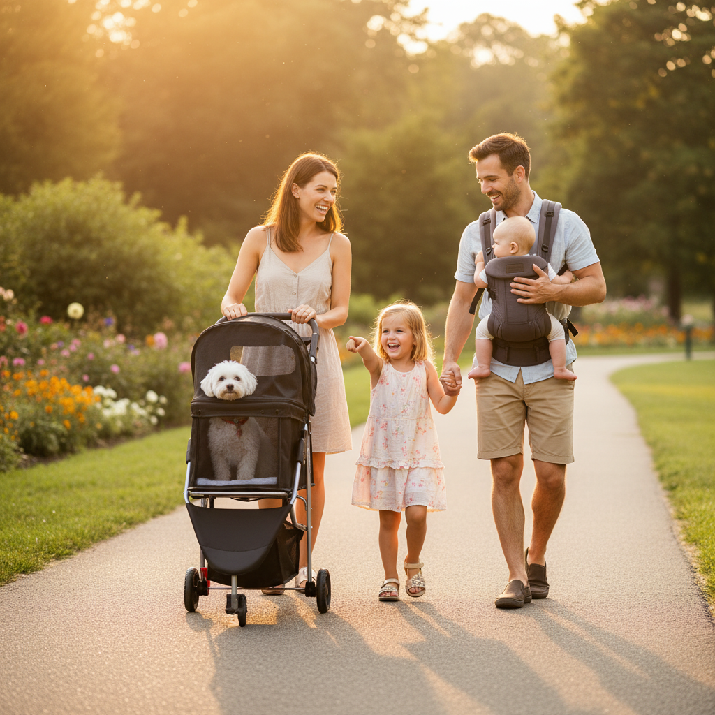 Family walking in sunny park with black foldable pet stroller carrying small dog, lifestyle scene