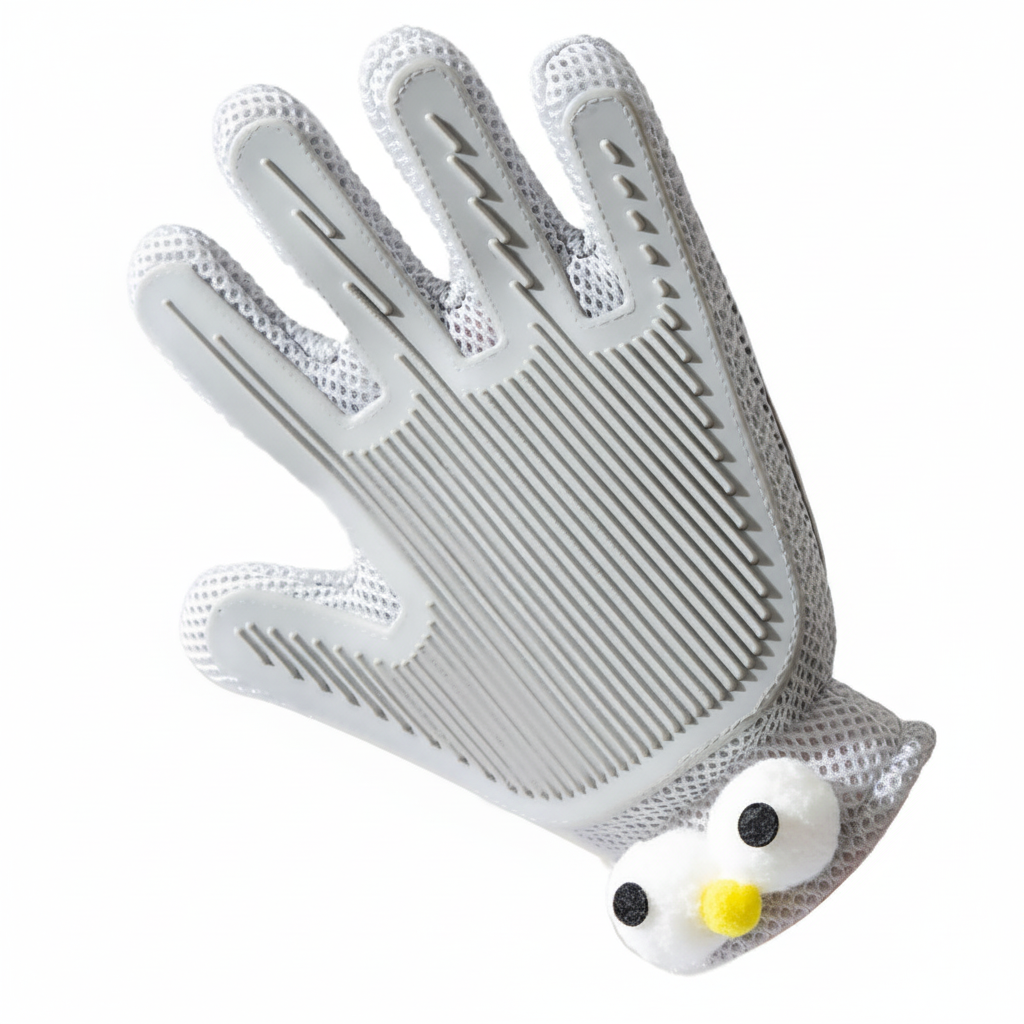 Pet grooming glove enhanced product photo, white background, studio lighting