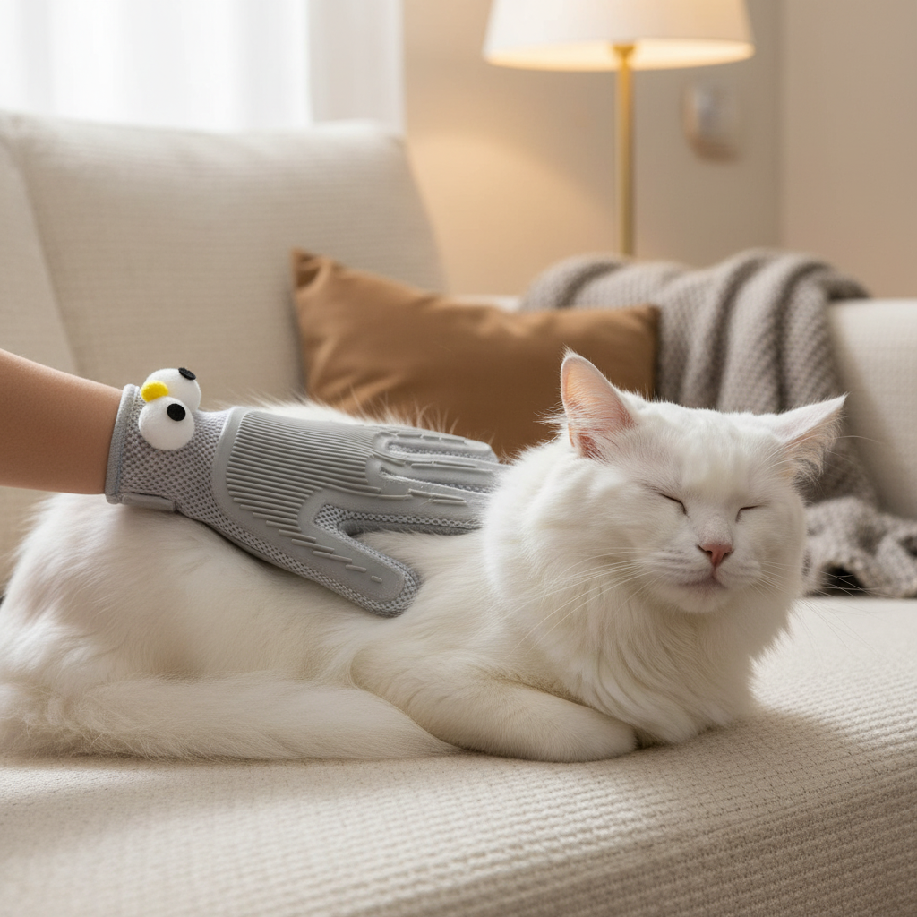 Person using pet grooming glove to stroke fluffy white cat on cozy sofa indoors