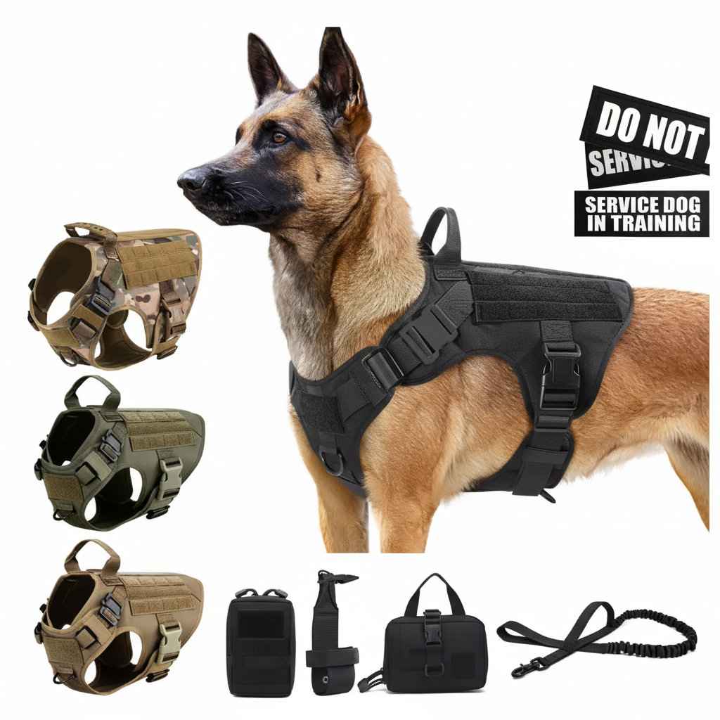 Tactical dog harness and leash set enhanced product photo, white background