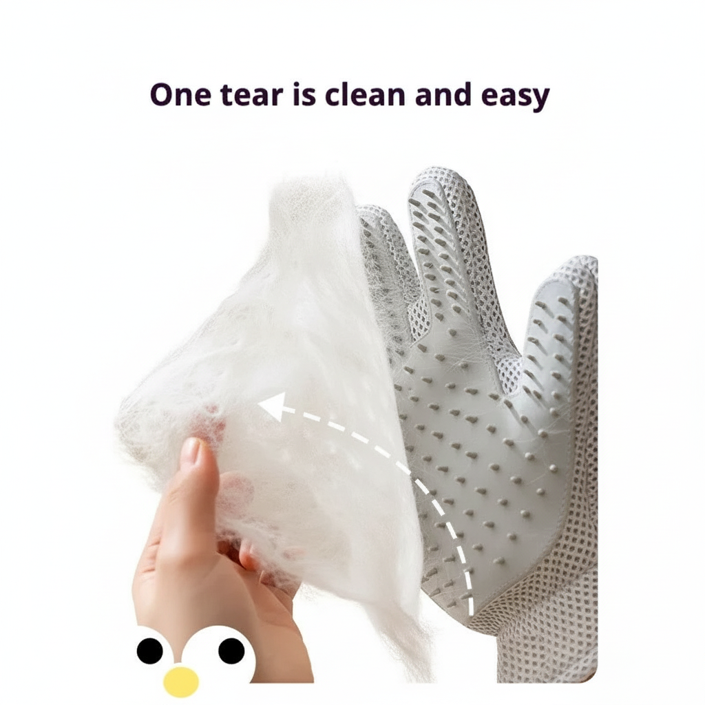 Pet grooming glove with silicone tips enhanced product photo, white background