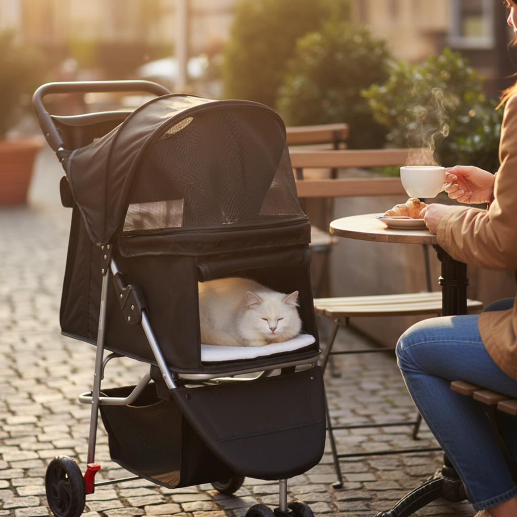 Cat relaxing in black pet stroller at outdoor cafe, lifestyle scene