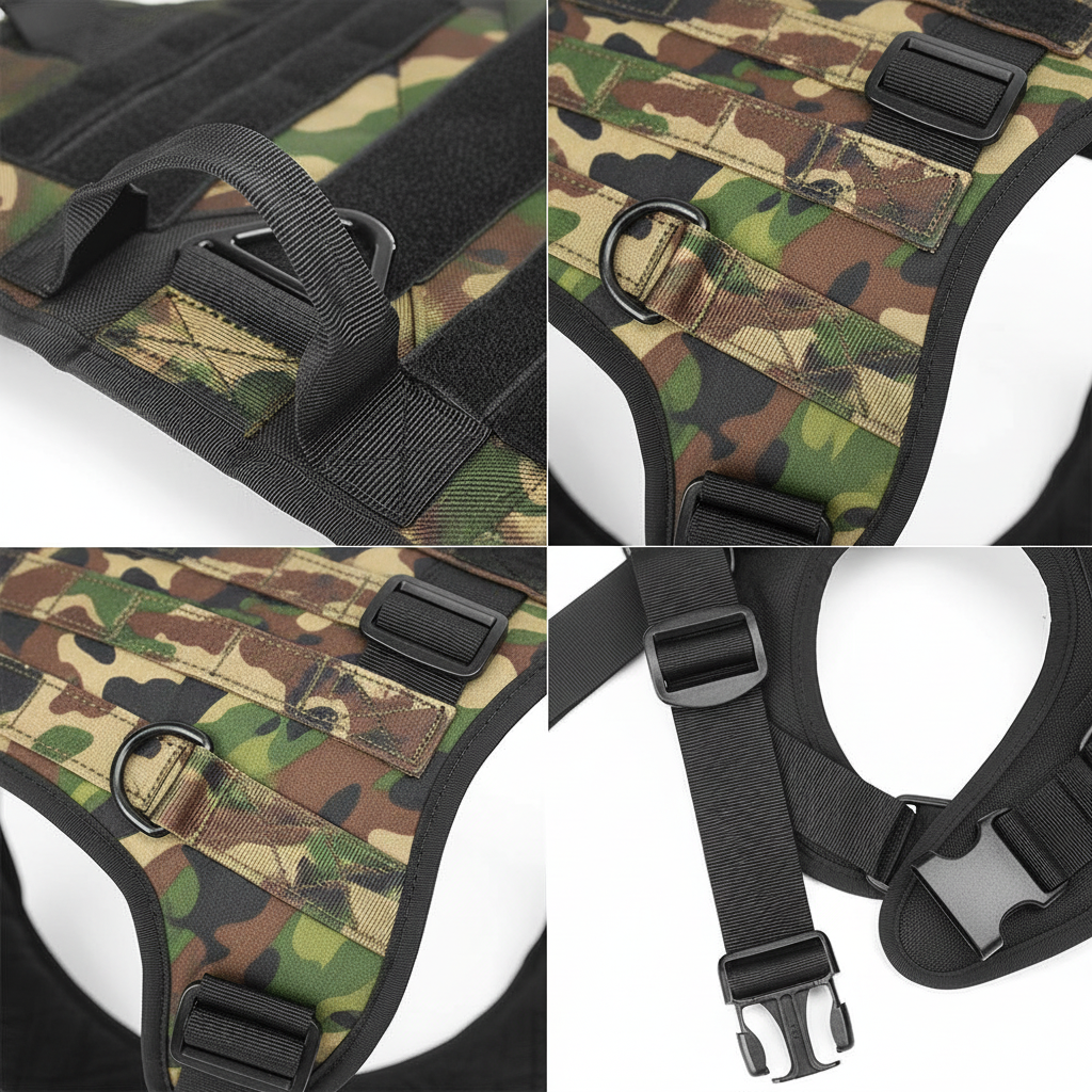 Military style tactical dog training vest enhanced product photo, white background
