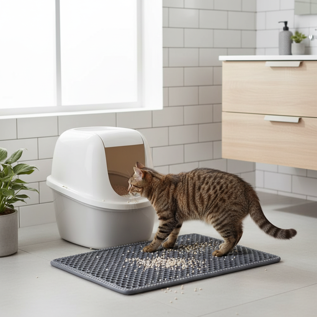 Cat Litter Mat - cat stepping off litter box