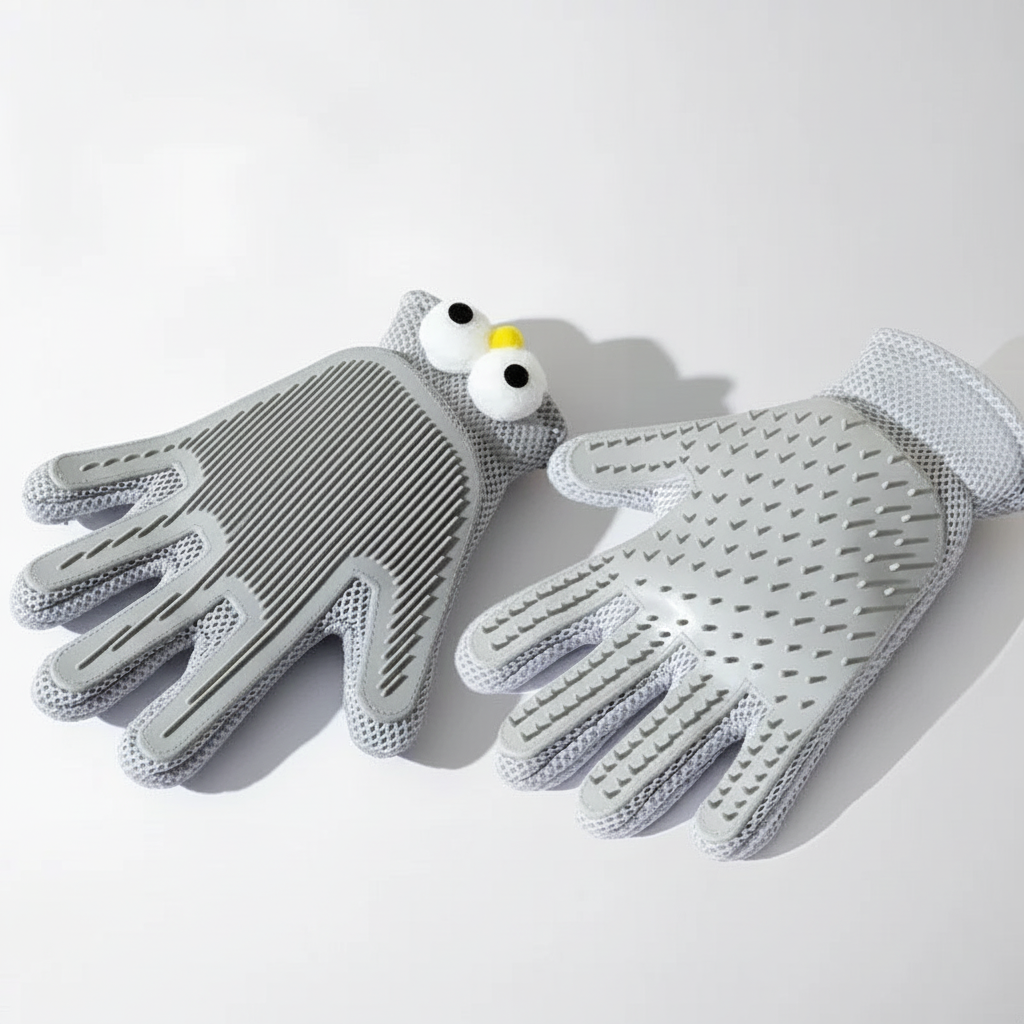 Cat dog hair removal grooming glove enhanced product photo, white background