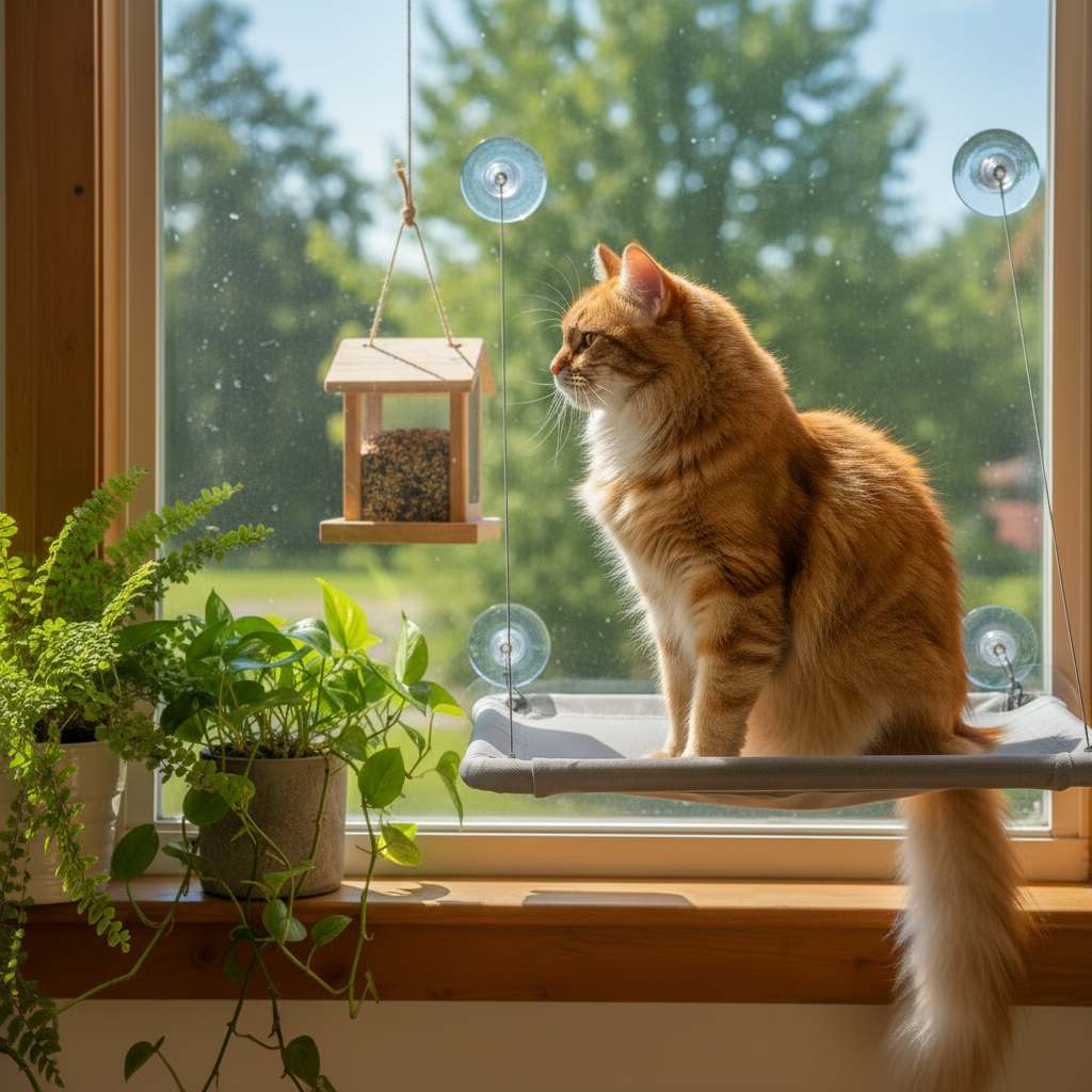 CloudView Cat Window Hammock - tabby cat watching birds outside