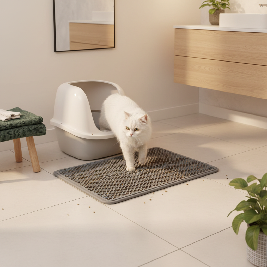 Cat Litter Mat - white cat lifestyle photo