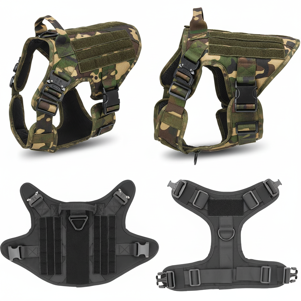 1000D nylon camouflage dog harness enhanced product photo, white background