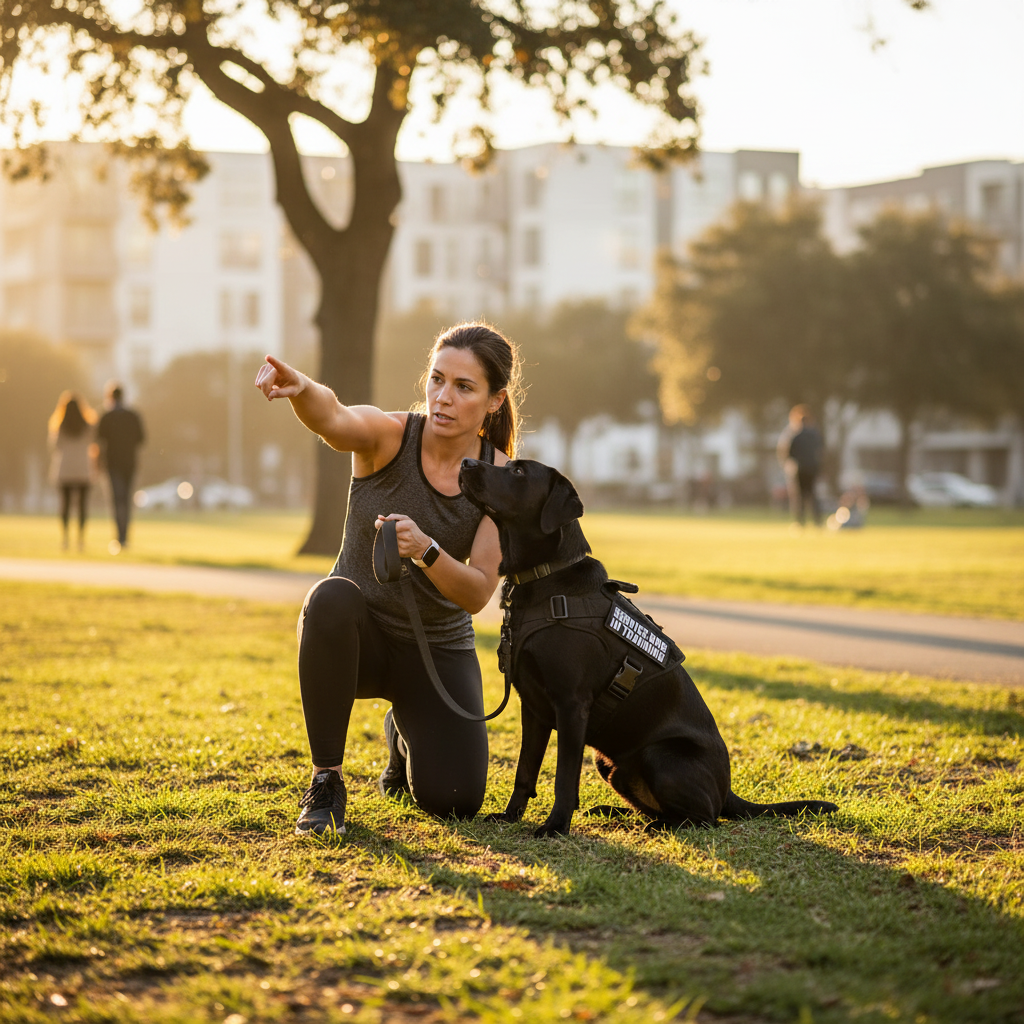 Owner training Labrador dog wearing tactical nylon harness in urban park