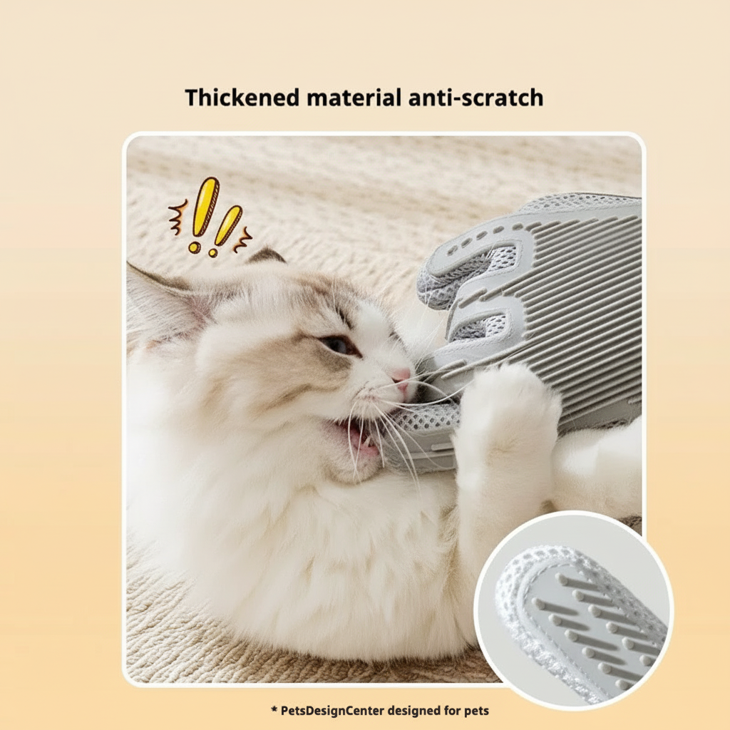 Pet grooming deshedding glove enhanced product photo, white background