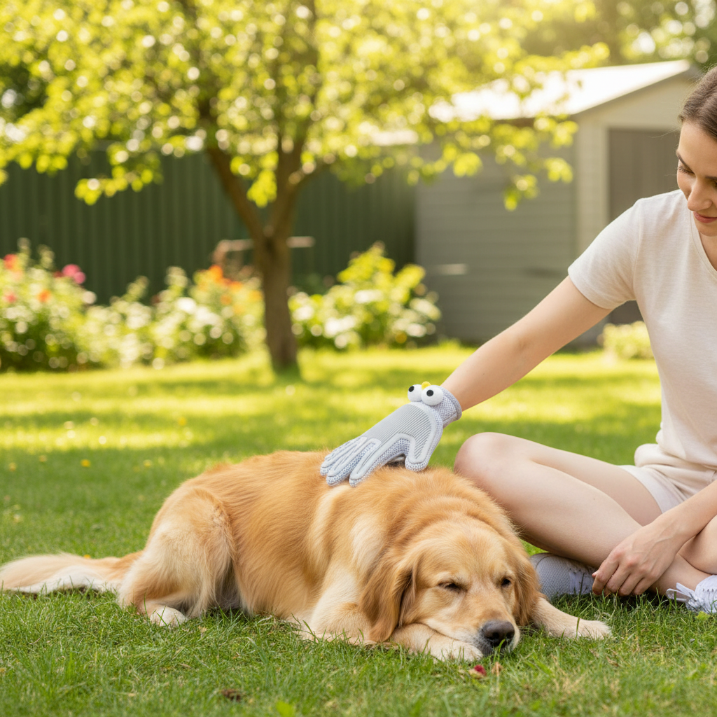 Person using pet grooming glove to brush golden retriever outdoors in sunny backyard