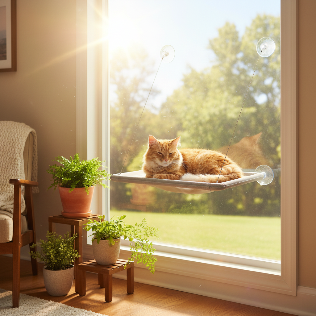 CloudView Cat Window Hammock - orange cat lounging in sunlight