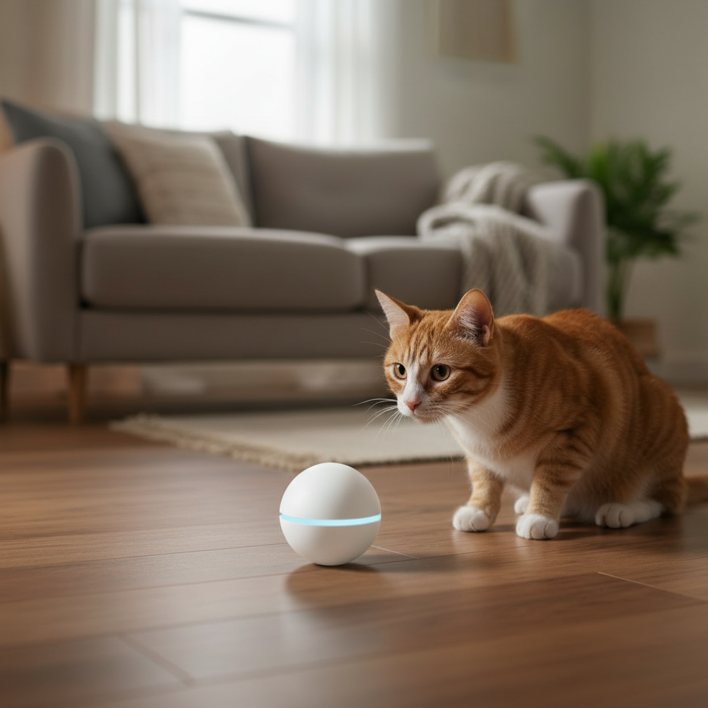 LED Laser Cat Toy Ball - orange tabby cat watching the ball