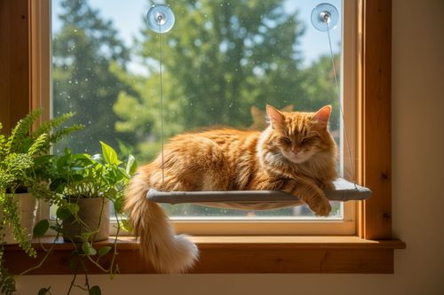 CloudView Cat Window Hammock - orange cat lounging in sunlight