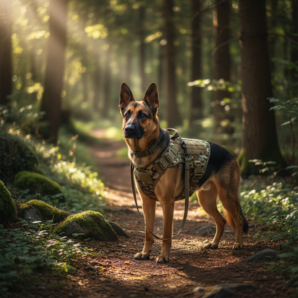 German Shepherd wearing camouflage tactical dog harness in forest trail, lifestyle scene