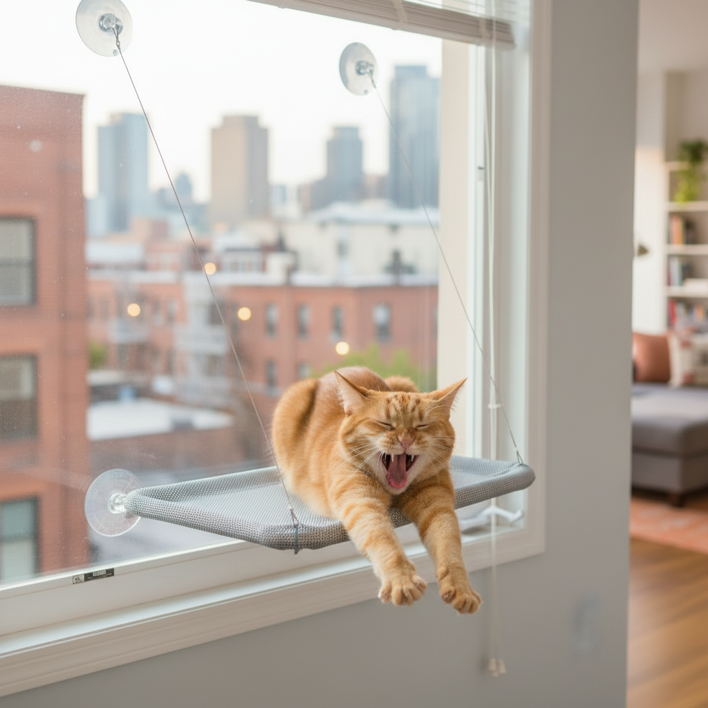 CloudView Cat Window Hammock - cat stretching and yawning