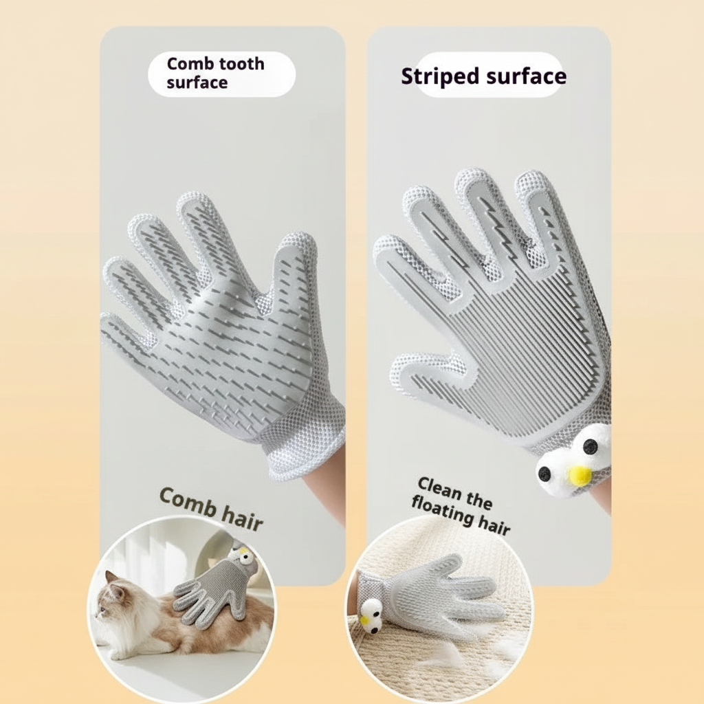Silicone pet massage grooming glove enhanced product photo, white background