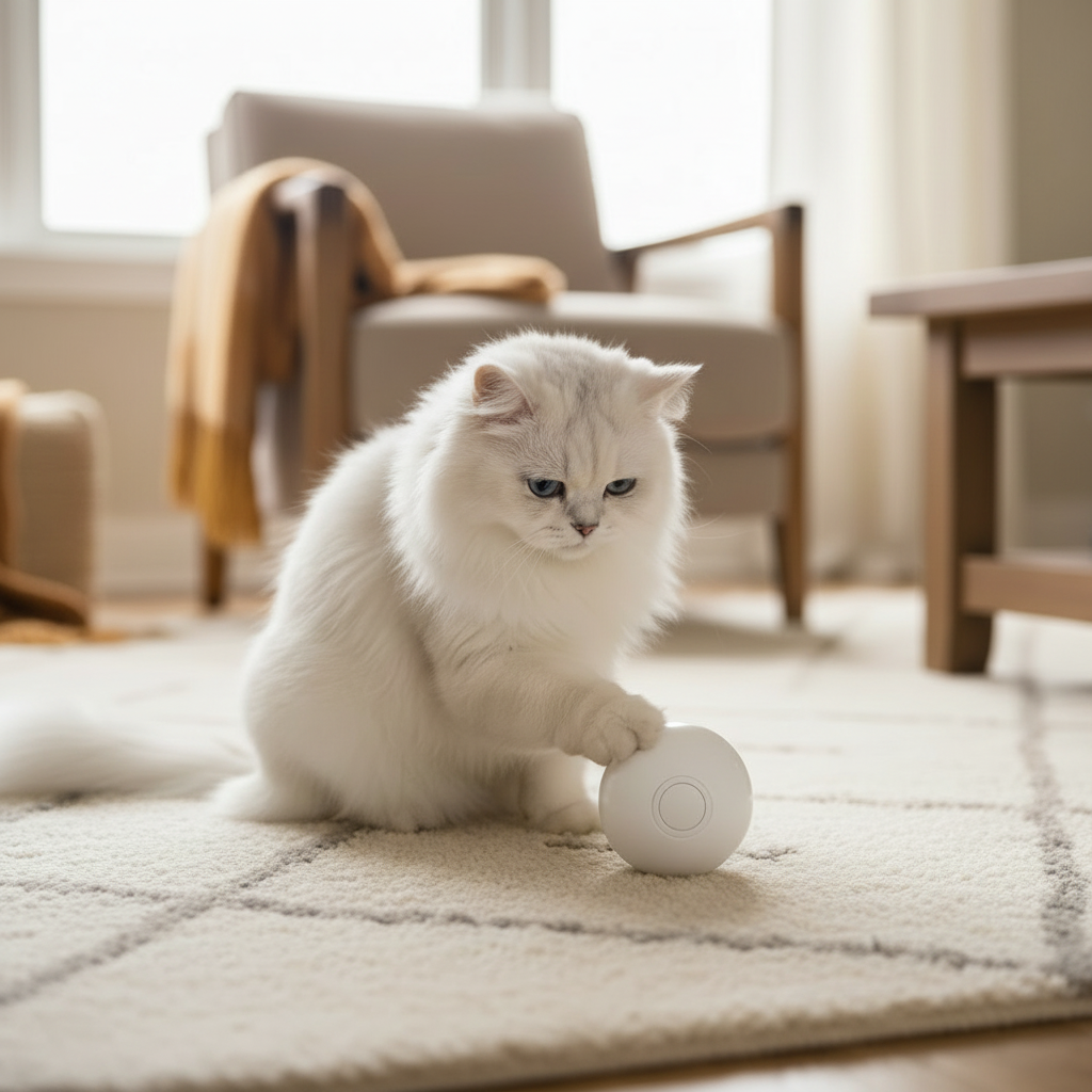 LED Laser Cat Toy Ball - white cat batting the ball