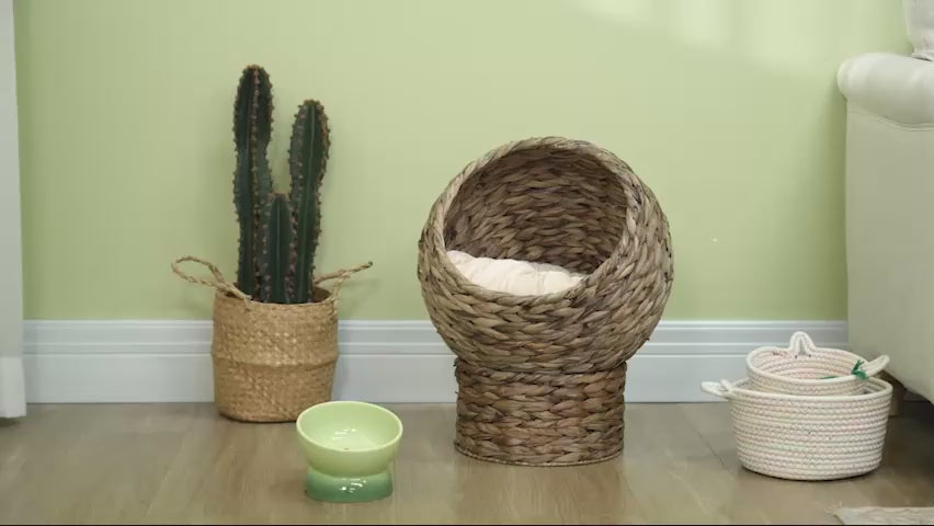 Handwoven Elevated Cat Bed with Rotating Basket and Soft Cushion, Wicker Cat Egg Chair with Stand, Brown
